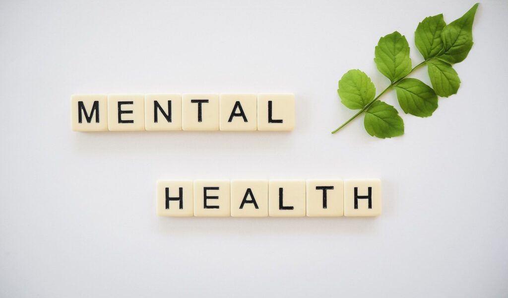 Neben einem grünen Laubblatt zeigen ausgelegte Scrabble-Würfel das Wort Mental Health